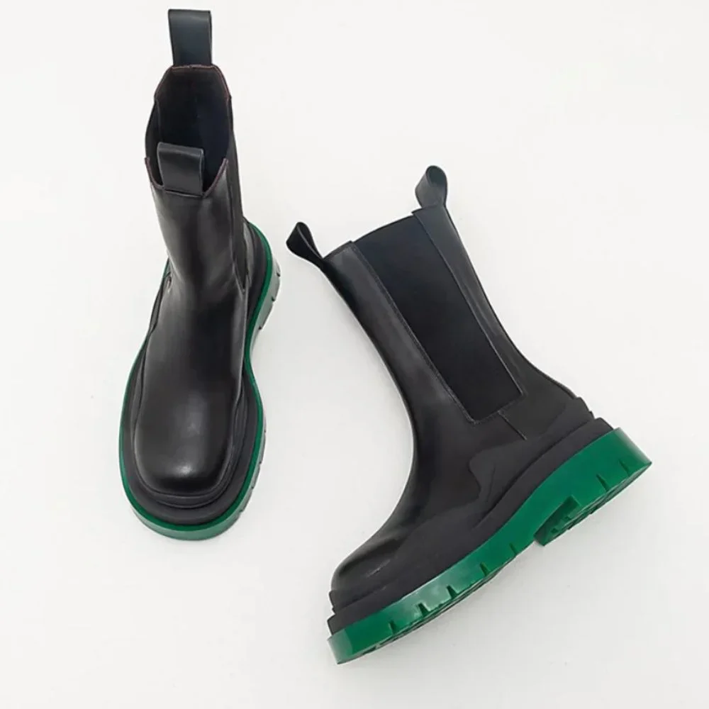Black Leather w/Green Sole Lug Boots - Picture 3 of 3